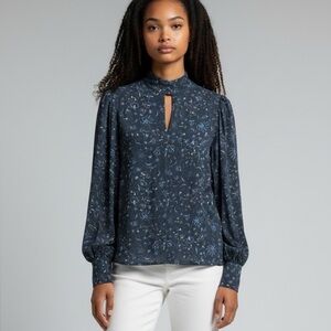 Berenice Paris Floral Print Blouse Navy Long Sleeve Smocked Cuffs Boho Chic